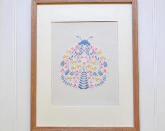 Embroidered Floral Ladybug Nursery Art, Pastel Vintage Style Baby Room Decor