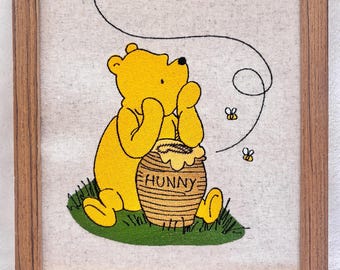 Embroidered Winnie the Pooh Nursery Art, Vintage Storybook Decor