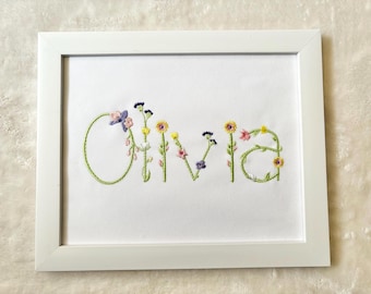 Embroidered Wildflower Name Sign | Custom Floral Baby Nursery Art