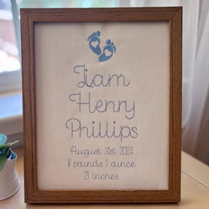 Keepsake Baby Footprint Embroidered Birth Announcement, Heirloom Baby Gift, Boys Nursery Wall Decor, Gift for New Baby, Baby Boy Nursery Art