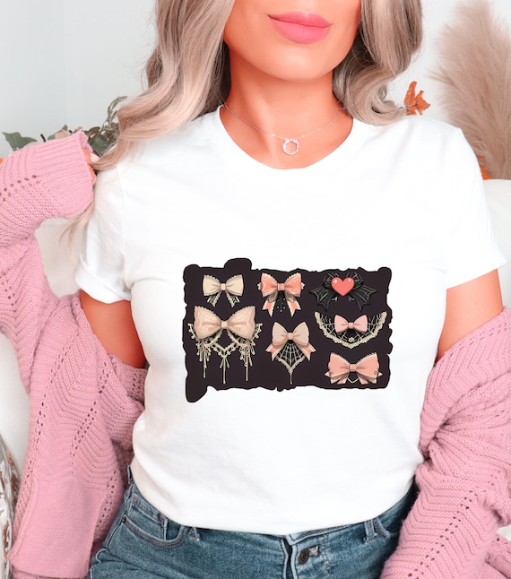 Coquette Halloween Graphic T-Shirt | Fall Season Cozy Vibes Tee | 90s y2k Aesthetic Lace Bows Shirt | Comfy Cute Soft Unisex Cotton Gift