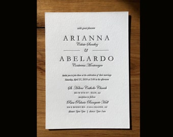 May include: A white wedding invitation card with black text announcing the marriage of Arianna Celeste Sanchez and Abelardo Contreras Montenegro. The ceremony will be held at St. Helens Catholic Church on April 25, 2020 at 2:00 PM, followed by a reception at Riva Palacio Banquete Hall.