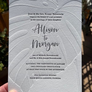 Monstera letterpress wedding invites