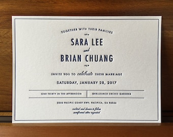 May include: A white wedding invitation with blue text announcing the marriage of Sara Lee and Brian Chuang. The wedding will take place on Saturday, January 28, 2017 at one thirty in the afternoon at Shelldance Orchid Gardens, 2000 Pacific Coast Hwy, Pacifica, CA 94044. Cocktail and dinner to follow. Semiformal attire requested.