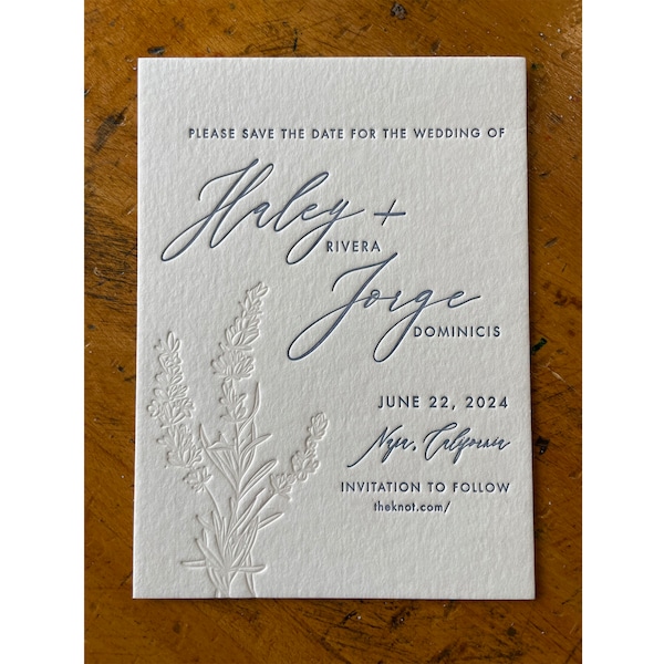 Lavender letterpress save the dates