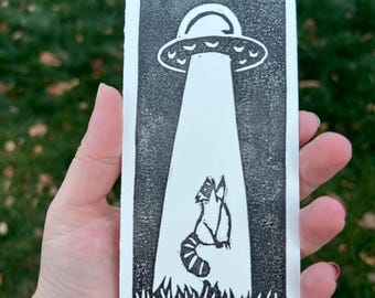 UFO Abduction Linocut Print: Raccoon in Trash Beam, Handmade Art (3x9)