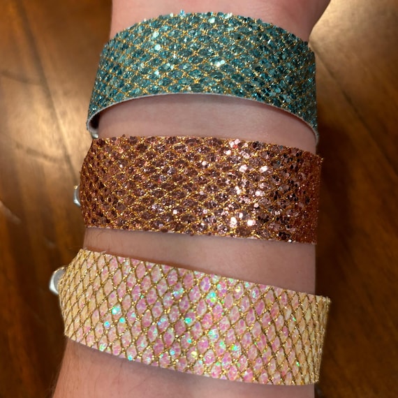 Mermaid Scale Bracelet Dragon Skin Bracelet Fantasy Sparkle Glitter Aquamarine Opal or Rose Gold Colored Extra Long Size Available