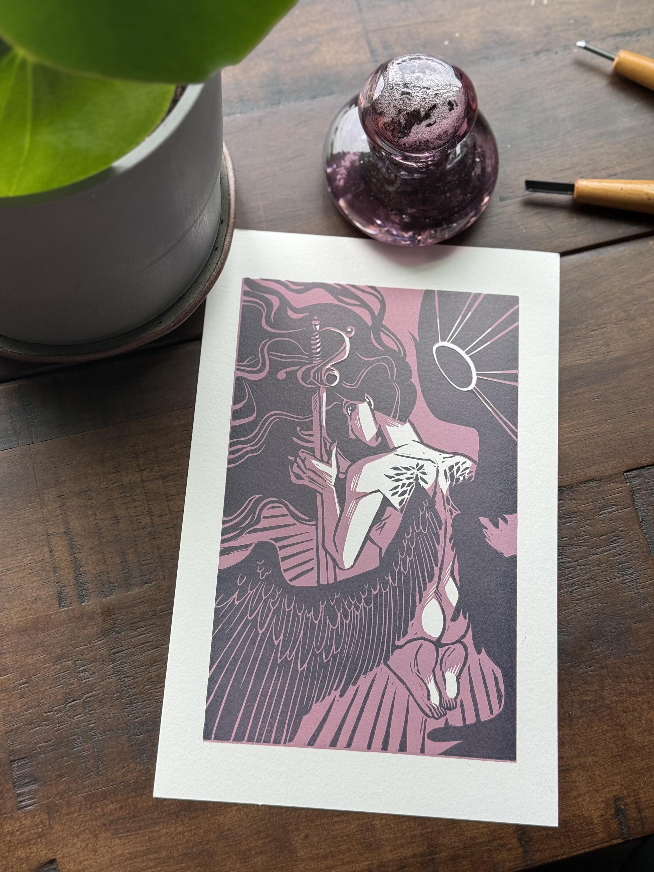 Angel With Sword Linocut Print Art - Etsy