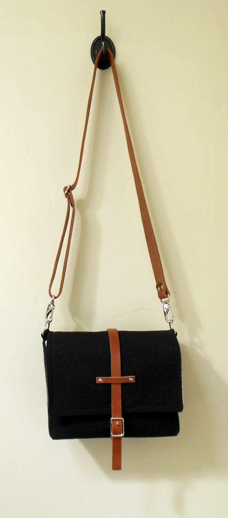 Camera Messenger Bag With Leather Strap Medium Black Etsy