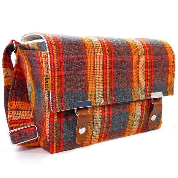 Medium DSLR camera bag with padded insert  - gray and orange vintage wool plaid