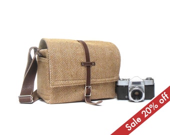 Medium camera messenger bag  - brown herringbone tweed