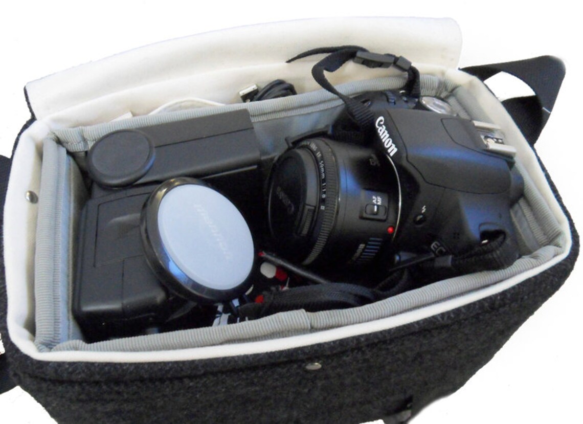 Camera Messenger Bag With Leather Strap Medium Black Etsy