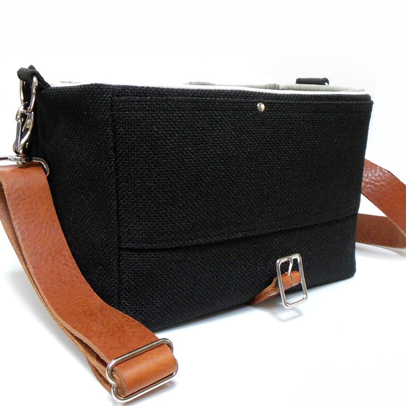 Camera Messenger Bag With Leather Strap Medium Black Etsy