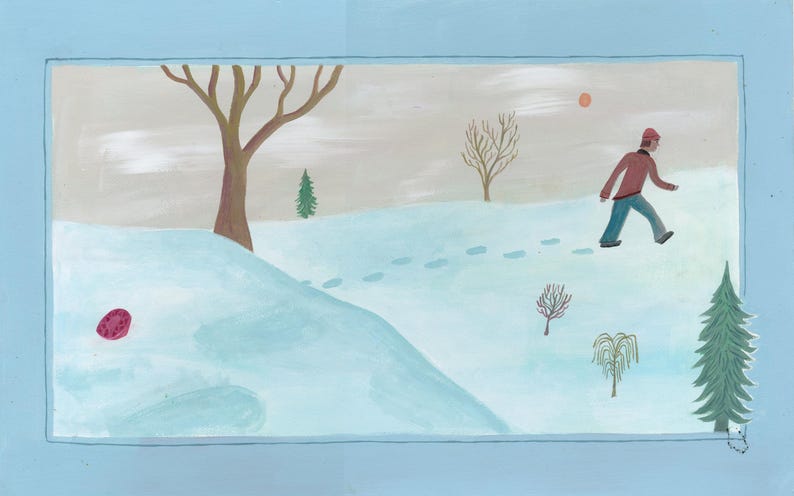 Puede incluir: Una pintura de una persona caminando en un paisaje nevado. La persona lleva una camisa roja y pantalones azules. Hay huellas en la nieve y una peque&ntilde;a mariquita roja en el suelo.