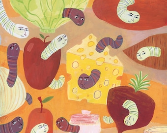 Worms original illustration from Flamingos On The Roof by Calef Brown