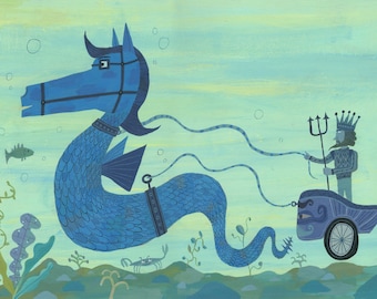 Hippocamp original painted illustration by Calef Brown from Greece Rome Monsters for The Getty Museum