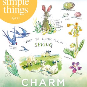 Puede incluir: Una portada de revista titulada "the simple things" para abril, con ilustraciones en acuarela. La obra de arte representa un conejo, pájaros, corderos y varias flores, con texto como "What to look for in Spring" y "Charm".