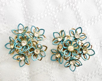 1960s Blue and Gold Daisy Clip Earrings with Rhinestones