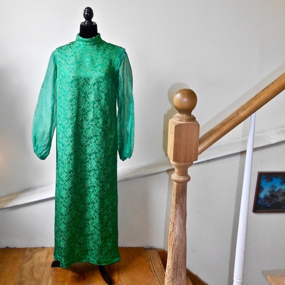 1960s Silk Emerald Green and Gold Gown with Chiff… - image 1