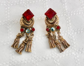 SALE Now 30% Off Vintage Clip On Gold Tone Dangle Earrings with Tassels and Red Rhinestones