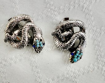 RARE! Vintage 1940s Silver Plate and turquoise Serpent with Sapphire Eyes, Clip Earrings - Snake with Sapphire Eyes Clip on Earrings