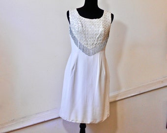 1960s Ivory Silk Shift with Beaded and Sequined Yoke - Groovy Silk Beaded Dress - Mod Silk Sequined Shift