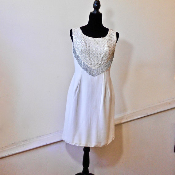 1960s Ivory Silk Shift with Beaded and Sequined Y… - image 1