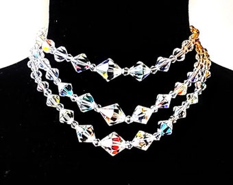 Vintage Austrian Crystal Faceted Bead Three Strand Necklace