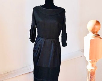 Vintage Demure Little Black Dress - Crinkle Crepe Black Dress