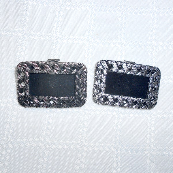 Vintage Silver Tone and Black Velvet Shoe Clips - Basket Weave Shoe Clips