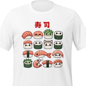 かわいいアニメ寿司寿司ロールTシャツ - かわいいにぎりと巻きロールのデザイン日本の漫画寿司キャラクターユニセックスTシャツ