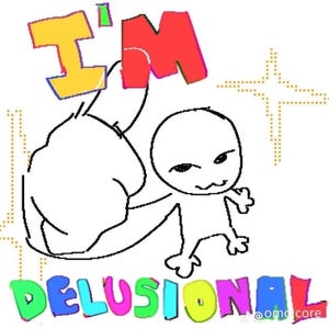 Op de afbeelding: Een cartoonillustratie van een witte figuur met een groot, rond hoofd en een ondeugende uitdrukking. De figuur draagt een geel en rood shirt met de tekst "Ik ben delusional". De achtergrond is wit met een gele en gouden ster.