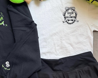 Ciudadano de Halloween / Top corto cuadrado espeluznante con bordado de coqueta / Colores cómodos