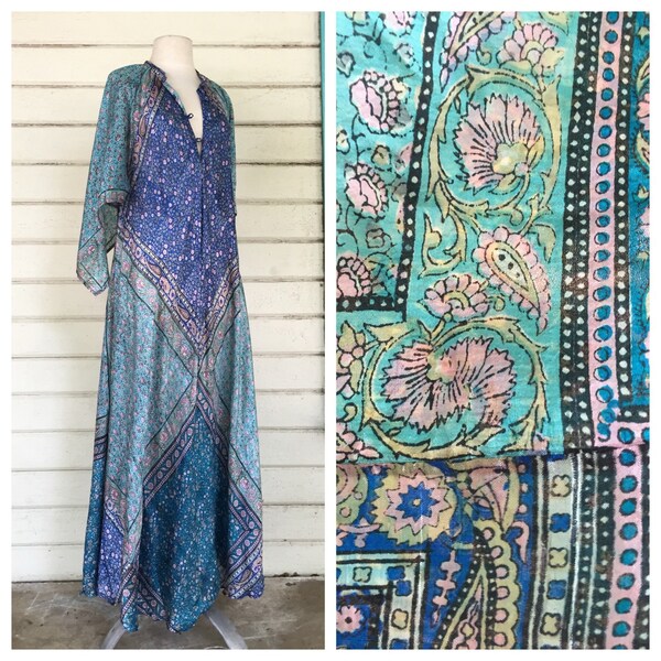 VINTAGE años 70 material INDIA de seda batik angel manga vestido maxi
