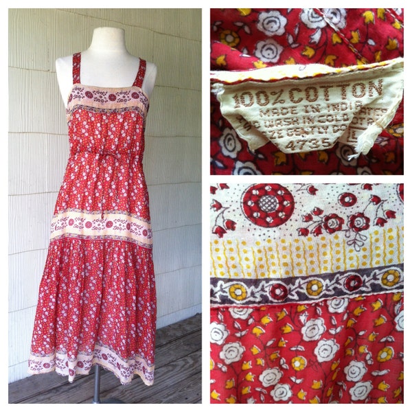 VINTAGE 70s RARE Indian gauze red batik sun dress