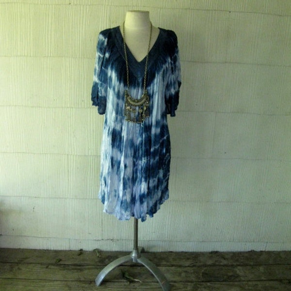 VINTAGE 70s tie dye gauze mini dress angel sleeve