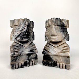 Vintage Onyx Marble Bookends: Aztec Maya Bust Style, Mid-Century Decor