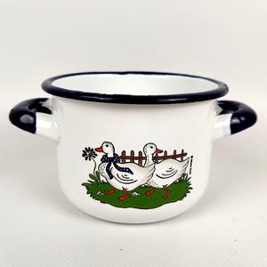 Vintage Enamel Cooking Pot with Goose Motif, 5.9&quot; (15 cm) Diameter, Shabby Chic Kitchen Decor, 1950s-1960s German Emaille