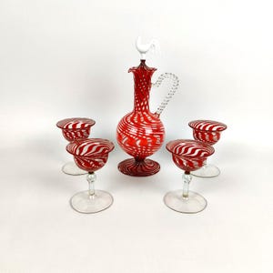 Set di liquori vintage Lauscha: caraffa Rooster e bicchieri Red Thread, articoli da bar DDR