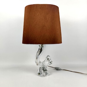 Daum Crystal Table Lamp, 18.5" (47 cm), Oval Brown Fabric Shade, Signed Mid-Century French Vintage, E27 Socket, 1960s