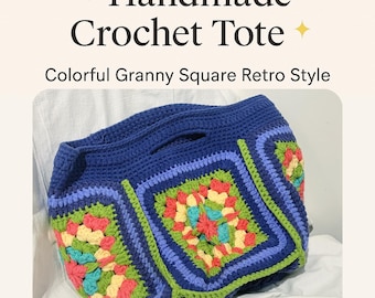 Handmade Crochet Tote Bag, Colorful Granny Square, Retro Vintage Style, Gift for Her