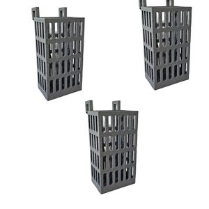 May include: Three identical dark gray rectangular containers with a grid-like open lattice structure on all sides. Each container features two small hooks at the top edge, allowing for hanging. The design is uniform, featuring vertical and horizontal bars.