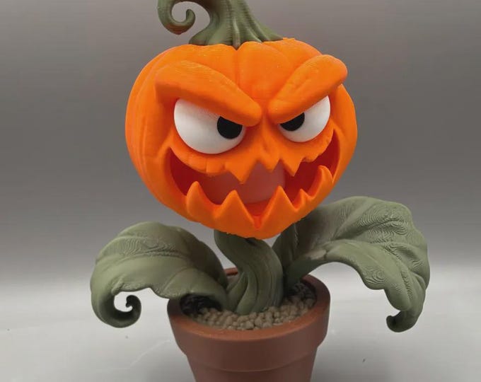 Featured listing image: Grumpy Pumpkin Bloom Figurine, Potted Jack O Lantern Plant, 3D Printed Spooky Desk Decor, LED Tealight Monster Collectible
