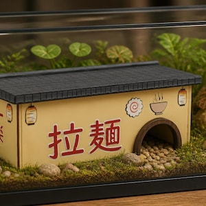 May include: A rectangular glass terrarium containing a miniature beige building with a dark grey roof, featuring red Japanese characters, a small arched entrance, and illustrations of a bowl and a swirl, surrounded by green moss and small stones.