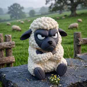 May include: A figurine of a sheep with a textured cream-colored wool body and a smooth dark gray face. The sheep has a grumpy facial expression with furrowed brows, a closed mouth, and arms crossed over its chest while sitting in a seated position.