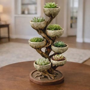 May include: A multi-tiered tree-shaped planter stand with a brown textured trunk and base. It features seven individual round, stone-colored bowls arranged along the branches, each containing a small green succulent plant of varying textures.