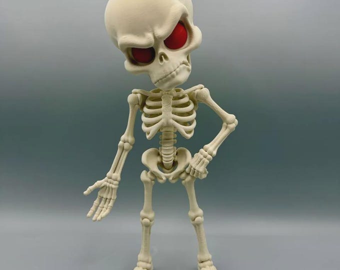 Featured listing image: Grumpy Standing Skeleton Figurine, Funny 3D Printed Desk Decor, Big Skull Spooky Shelf Collectible Gift