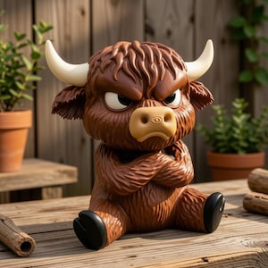 Grinig höglandsko 3D-tryckt figur, rolig fluffig ko skrivbordsdekor, samlarobjekt för kontorshyllor