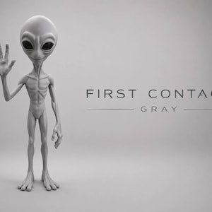 Op de afbeelding: Een lichtgrijs alien-figuurtje met een groot hoofd, donkere ovale ogen en slanke ledematen, staand in een zwaaiende houding. De tekst FIRST CONTACT GRAY staat in het zwart rechts van het figuurtje op een neutrale, lichtgrijze achtergrond.