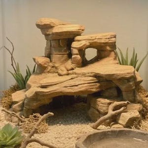 May include: A tan, multi-level rock formation with a central archway and cave-like opening, surrounded by light-colored sand, dried moss, small green succulent plants, thin bare branches, and a circular gray water dish in the foreground.